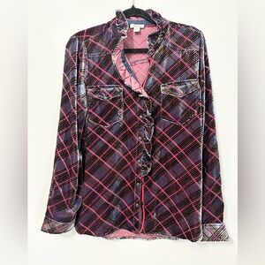 Sundance Gretel Plaid Velvet Ruffle Blouse Top large silk blend